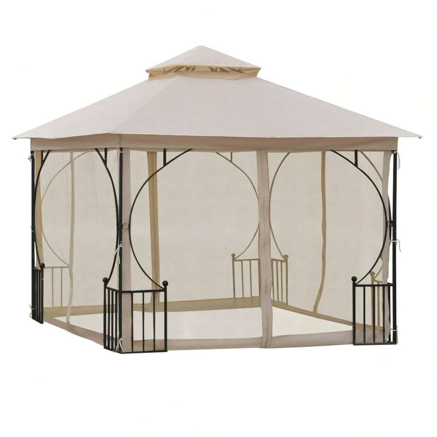Carpa de jardín, 295 x 295 x 275 cm, con doble techo, mosquitera, 8 ojales en los aleros, buena circulación de aire, poliéster, beige + negro en el lugar. - Beige + Metal - Ver 1