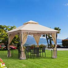 Carpa de jardín, 295 x 295 x 275 cm, con doble techo, mosquitera, 8 ojales en los aleros, buena circulación de aire, poliéster, beige + negro en el lugar. - Beige + Metal - Ver 2