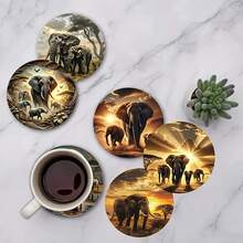 1 Set African Savanna Elephant Design Non-Slip Wooden Coasters, Home Kitchen Decor Accessories, Cute And Affordable Small Items, Outdoor Garden Supplies, Suitable For Various Holiday Gatherings, Wedding Accessories, Thanksgiving, Back To School Season Decorative Gifts - Multicolor C - View 5
