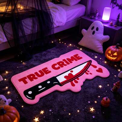 1pc Halloween Sweet & Cool Pink Blood Knife Asymmetrical Shaped Rug, Break The Dull Black & White Halloween, Pink Base Paired With Blood-Colored Knife, Sweet & Cool Contrast Feeling Fully Loaded! Asymmetrical Wavy Shaped Design, Say Goodbye To Ordinary Square Carpets, Wherever You Place It, It's The Visual Focal Point, Great For Photos. Pink Base + Red Bloodstain Print, Suitable For Subculture, Y2K Baddie, Dark Girl Style, No Need For Complex Decorations For Halloween, One Rug Can Support The Whole House Style