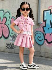 Girls' Pink Denim Lace Trim Short Sleeve Top + Pleated Skirt 2 Pieces Set, Spring/Summer Casual, School, Photo Shoot - Pink - View 1