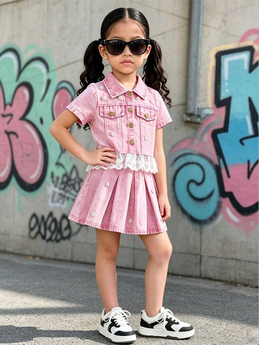 Girls' Pink Denim Lace Trim Short Sleeve Top + Pleated Skirt 2 Pieces Set, Spring/Summer Casual, School, Photo Shoot - Pink - View 1