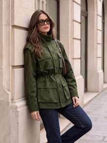Women Fall Faux Suede Field Jacket, Stand Collar Drawstring Waist Multi‑Pocket Long Sleeve Utility Outerwear Coat - Army Green - View 3