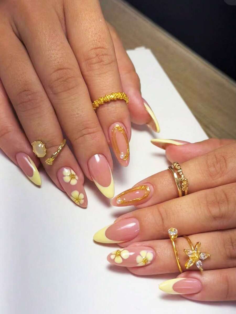 24pcs Cream Yellow French White Flower Long Pointed Press-On Nails, Nude Skin Tone Cream Yellow Base, Diagonal French Tip, Versatile Ballet Nails For Commute, Travel, Date, Daily Wear - 黃色 - 查看 1