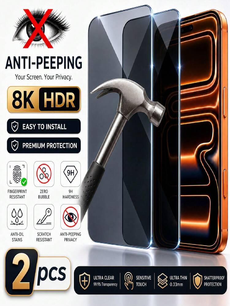 2pcs Full Coverage Privacy Tempered Glass Screen Protector, Compatible With IPhone 17 Pro Max/17E/16 Pro Max/17 Pro/17/16/15/14/13/12/Mini/11/Plus/Air/16E/X/Xr/Xs Max/7/8/Plus, Anti-Peeping Tempered Glass, 9H+ Hardness, Compatible With Phone Cases, Bubble-Free - 2 Pieces - View 36