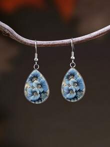 1 Pair Elegant Blue Pearl Floral Pattern With 316 Stainless Steel Water Drop Ear Hooks, Suitable For Women's Daily Wear - Blue - View 3