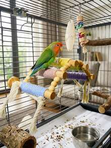 1pc Macaron Style Rope Woven Wave Parrot Ladder Perch, Colorful Bird Swing, Pet Climbing Ladder, Multi-Layer Interactive Bird Cage Accessory, Durable And Sturdy, Suitable For All Seasons, Fit For Cockatiels, Lovebirds, Squirrels And Other Small Animals - Cotton Rope Ladder 5-step - 1pc - View 3