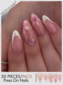 30pieces Press On Nails Short Almond French Tip Fake Nails With Pink Floral Flower Print Designs Glossy Falses Nails Kit Including Jelly Glue Tabs And Mini Nail File For Girls Women Daily Wear Suitable For Gatherings And Daily Use - Multicolor - View 1