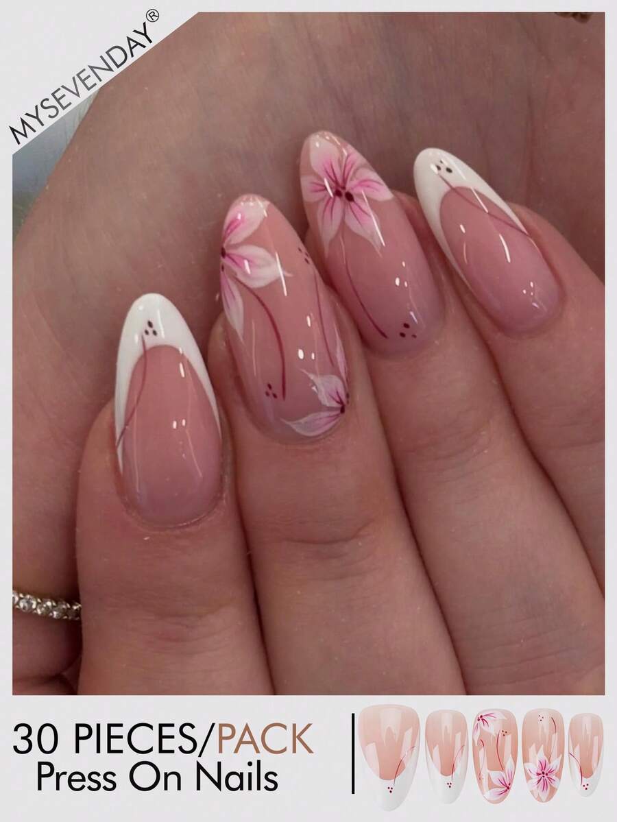 30pieces Press On Nails Short Almond French Tip Fake Nails With Pink Floral Flower Print Designs Glossy Falses Nails Kit Including Jelly Glue Tabs And Mini Nail File For Girls Women Daily Wear Suitable For Gatherings And Daily Use - Multicolor - View 1