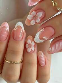 24pcs Almond Shape Classic Versatile Sweet Girl Style White Pink Striped Tie Dye Fake Nails Elegant 3D Glue-On Flower Pearl Silver Bead Press-On Nails Suitable For Women Wedding Date Daily Wear Independence Day Removable Press-On Nail Set With Jelly Glue And Nail File Jelly Glue Randomly Shipped - Multicolor - View 1
