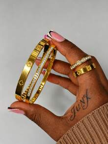 4pcs Stainless Steel Inlaid Shell Plated Gold Bracelet & Ring Set, Waterproof & Fade-Resistant, Suitable For Women's Daily Wear, Holiday Gift - SGS510 Gold - View 12