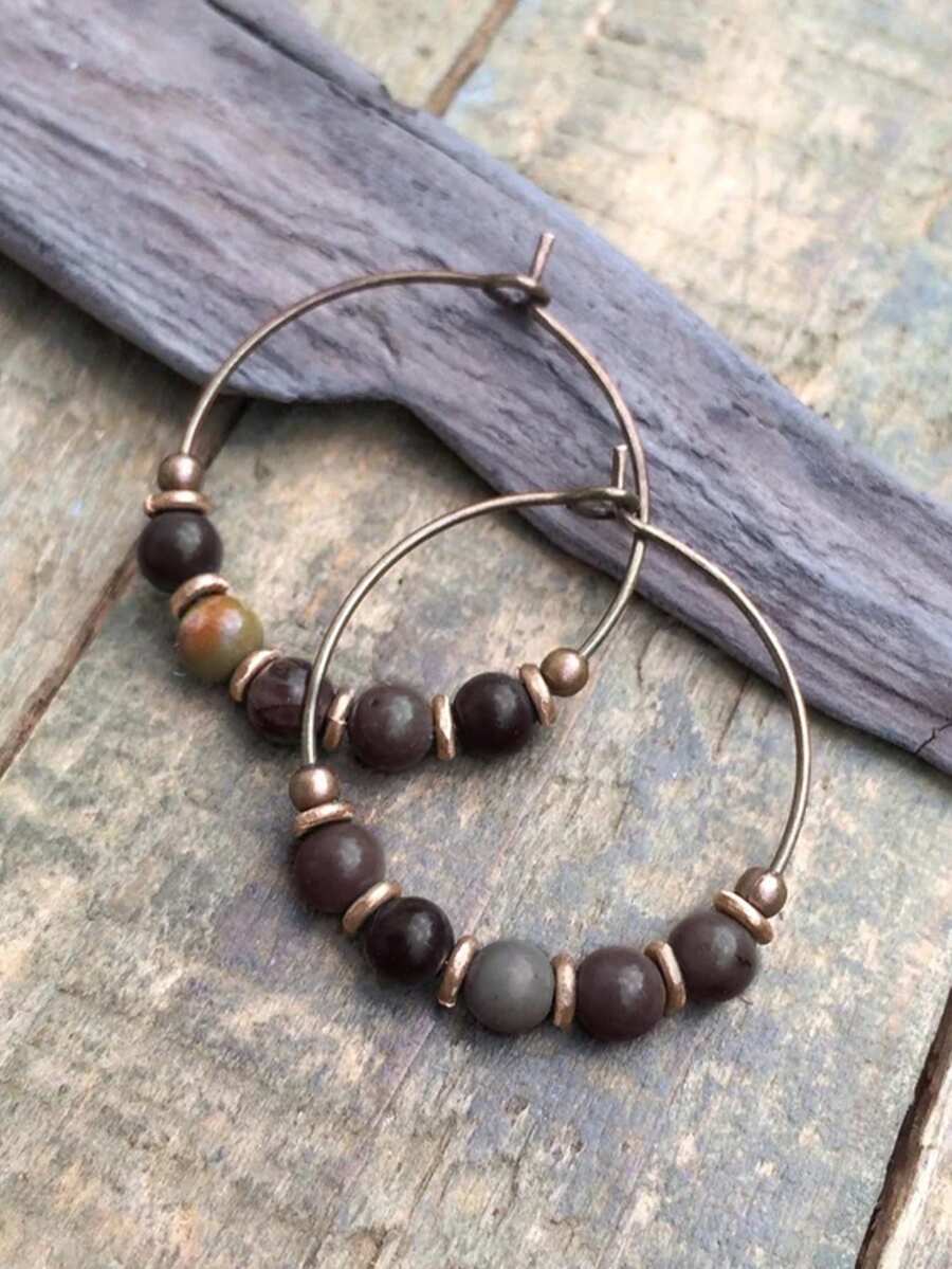 2pcs Bohemian Handmade Beaded Wooden Hoop Earrings For Women, Party, Daily, Vacation Matching