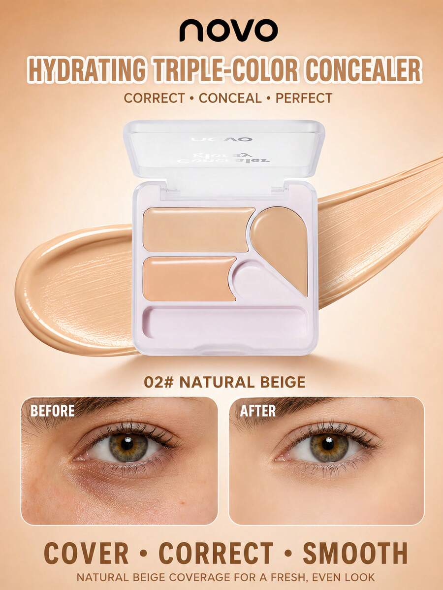 NOVO Multifunctional 3-Color Contour & Concealer Palette, Provides Long-Lasting Seamless Coverage, Moisturizes & Locks Makeup, Suitable For Oily Skin, Prevents Makeup Smudging, The Ultimate Tool For Creating A Natural No-Makeup Look - 02#Natural Color - View 1