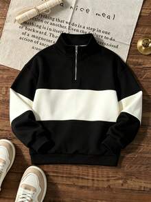 Boys Color Block Half Zip Stand Collar Sweatshirt, Casual Long Sleeve Pullover For Fall Winter Kids Sports Tops - Black - View 3