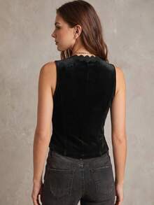 Áo tank top nhung cổ chữ V dành cho nữ, thiết kế ren và cúc, áo tank top nhung casual cho kỳ nghỉ, màu đen, mùa hè. - màu đen - Xem 4