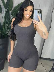 Women's Ribbed Fitness Romper Gym Workout Bodysuit - 米色 - 查看 7