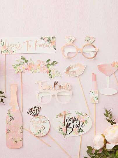 10pcs Bridal Shower Photo Props Paper Glasses Flowers Lipstick Wine Glass Champagne Handheld Bride-To-Be Bridesmaid Photo Props