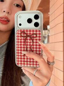 1pc Silver Electroplated Large Window Phone Case Red & White Plaid Brown Ribbon Bow Star Print Suitable For IPhone All Models Vintage Preppy Sweet Girl Style Ins Full Coverage Anti-Drop Phone Protective Shell - Silver - View 6