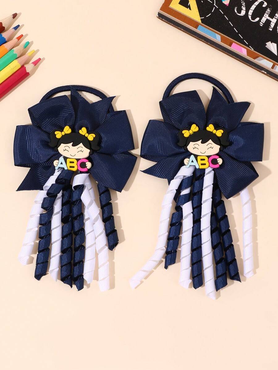 2入開學季流蘇蝴蝶結彈性髮圈,海軍藍髮箍,適合開學首日派對,髮飾配件,學校用品,教師禮物 - 彩色 - 查看 1
