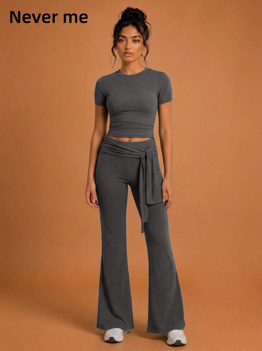 Never me Women's 2pcs Short Sleeve T-Shirt And Sports Long Pants Set, Round Neck Top And High Waist Drawstring Flare Pants - Grey - View 1