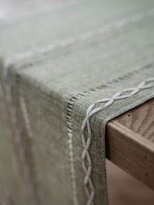 1pc Sage Green & White Woven Striped Table Runner, Rustic Country Style, Blended Material, Long Rectangular Shape With Tassel Edges And Woven Craftsmanship Details, Decorative Functional Table Runner For Daily Home Dining Table Arrangement And Fresh Natural Restaurant Decor Scenes - Green - View 2