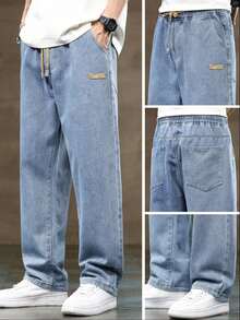 Pantalones vaqueros informales lavados para hombre con cordón y cintura elástica para uso diario - Azul - Ver 1