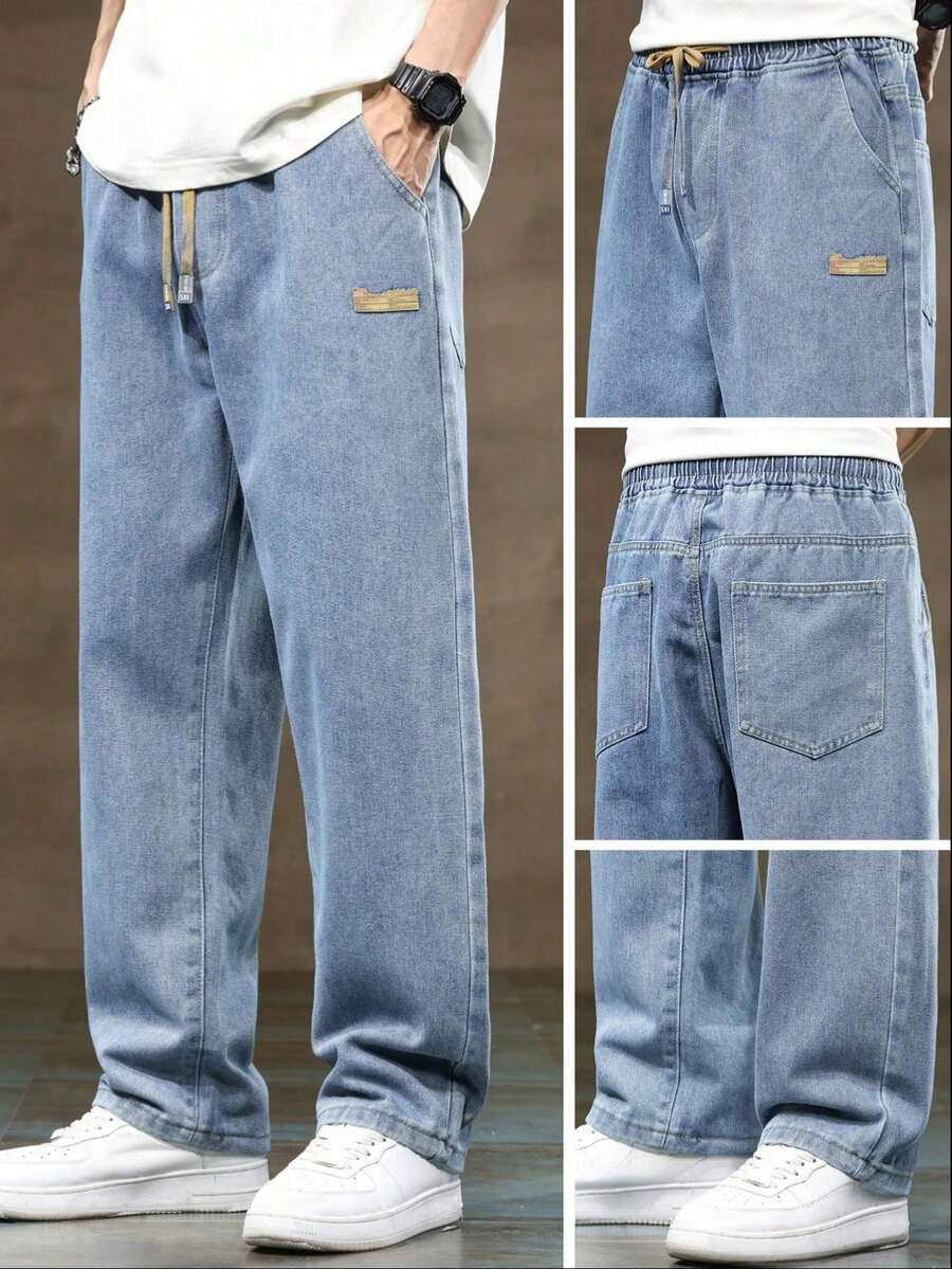 Pantalones vaqueros informales lavados para hombre con cordón y cintura elástica para uso diario - Azul - Ver 1