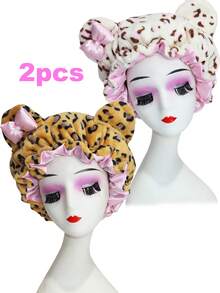 CONFLASS Leopard Print Bear Ear Satin Lined Sleep Cap, Cute Pink Bow Fleece Headband, Women's Curly Hair Protection Night Cap, Soft Plush Sleep Headband - Multicolor - View 16