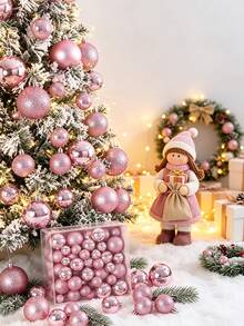 44pcs Pink Christmas Ball Ornament Set With Hanging Rope And Pink Bows, Suitable For Christmas Tree, Holiday, Wedding Party, Home Decor, Shatterproof Shiny Holiday Hanging Decorations - Pink - View 5