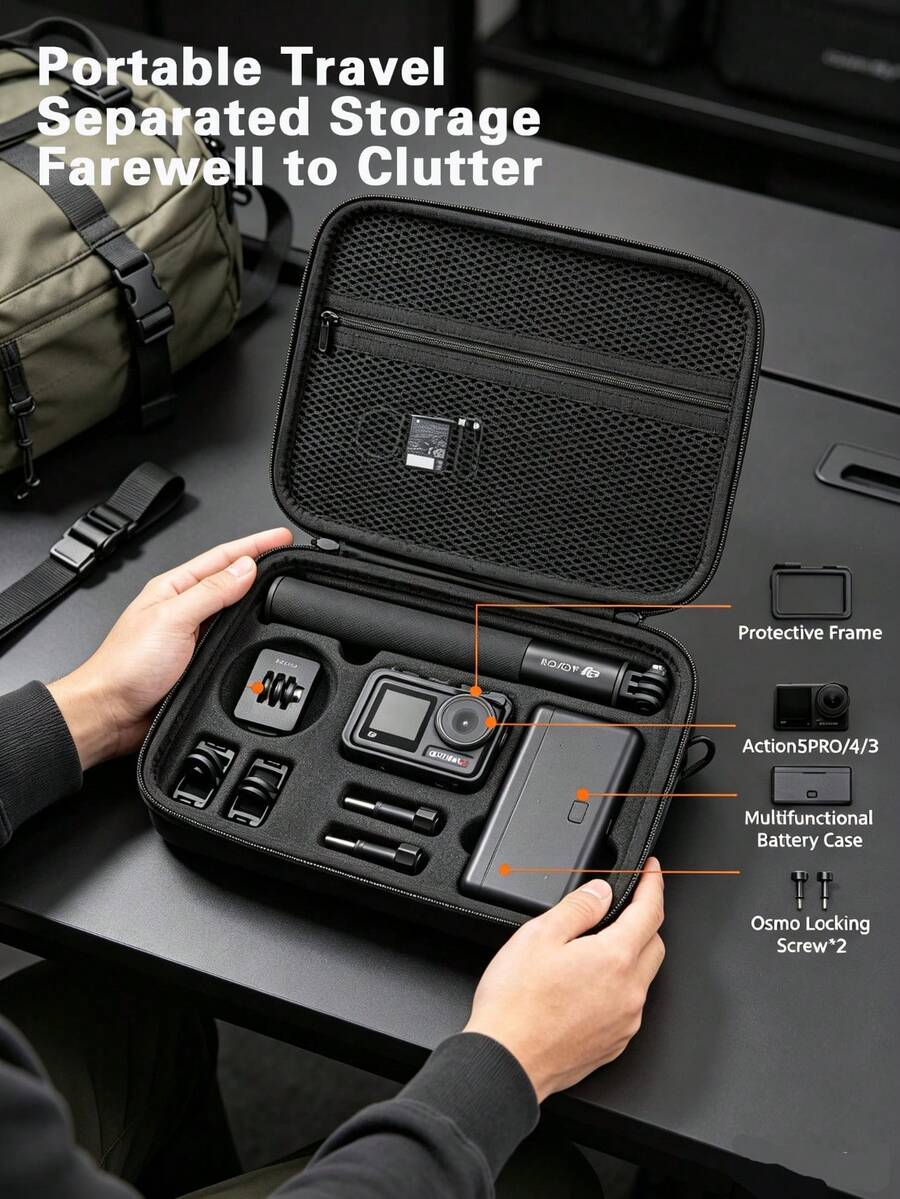 Portable Travel Storage Case For DJ I Osmo Action 5 Pro / Action 4, Shockproof Protective Carry Handbag, Storage Bag For Camera Charger, Battery & Selfie Stick Accessories - View 1