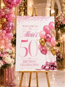 Custom Pink Birthday Party Display Board, Personalized Poster; Customizable Text Event Welcome Party Board; Balloon And Bow Decor Foam Board; Luxury Birthday Photo Prop Display Board (Stand Not Included) - Multicolor - View 3