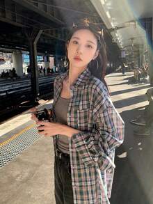 秋季新款休閒綠色格紋蝴蝶結襯衫女款設計翻領長袖上衣外套 - 綠色 - 查看 2