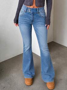 Women's Casual Elegant Flare Jeans, With Pockets And Zipper, Long Length, Medium Stretch, Y2K Retro Style Fall - Blue - View 1