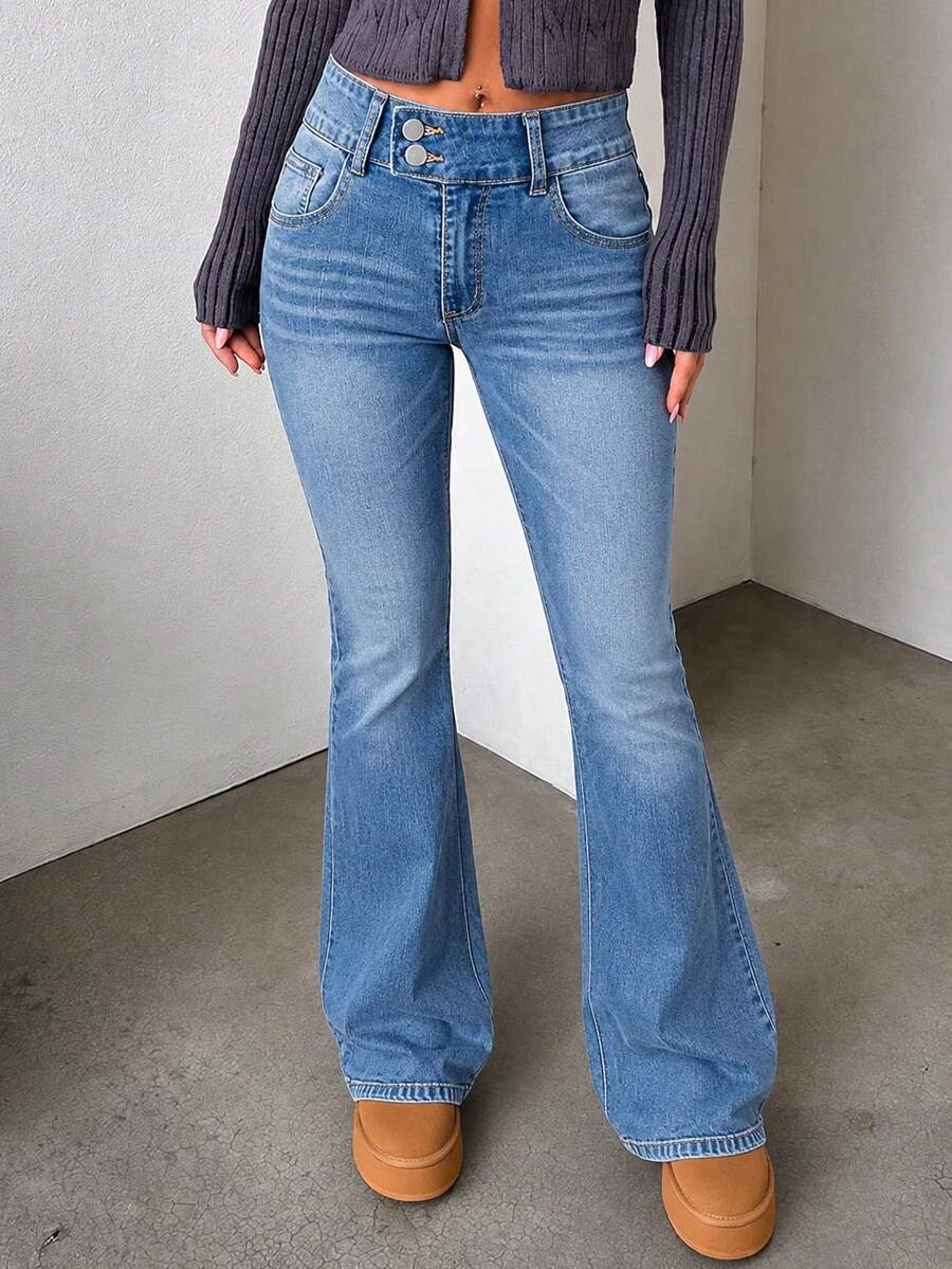 Women's Casual Elegant Flare Jeans, With Pockets And Zipper, Long Length, Medium Stretch, Y2K Retro Style Fall - Blue - View 1