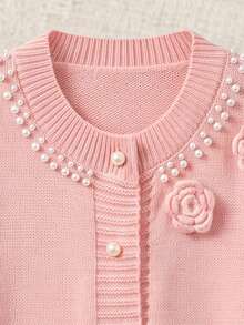 Fall Winter Women Pink Crew Neck 3D Flowers Knit Cardigan Xmas New Year Sweet Button Long Sleeve Jacket - Pink - View 7