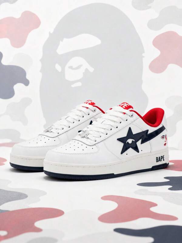 Unisex BAPE STA White Navy Red Accent Low Top Sneakers, Star Emblem Platform Skate Trainers, Streetwear Couple Daily Casual Shoes