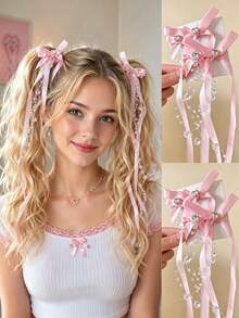 1 Pair Gentle Ins Style Sweet Satin Bow Tassel Hair Accessories, Suitable For Children, Heart Decoration Transparent Bead Ribbon, Side Clip Double Ponytail Back Head Hair Ornament, Daily/Party/Photography Multi-Purpose Accessory - Multicolor - View 1