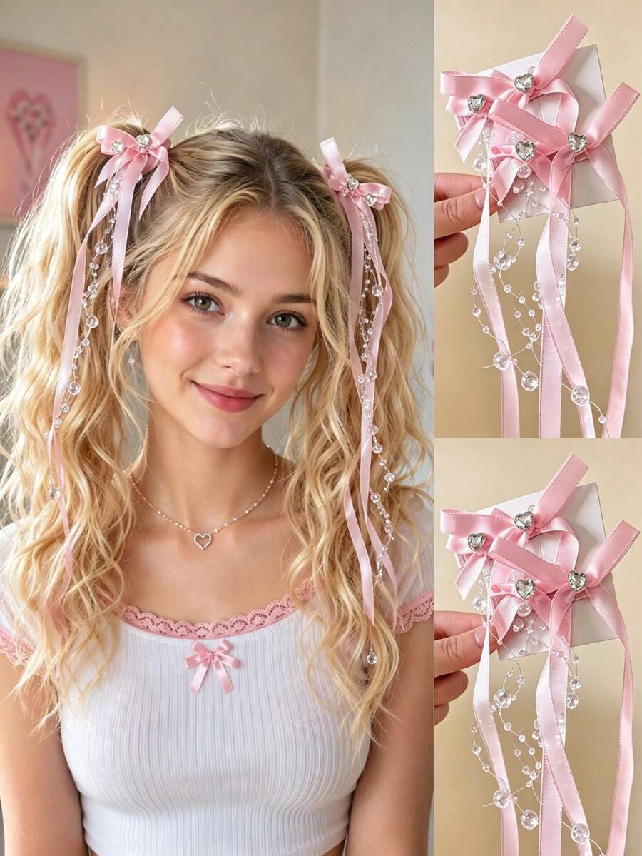 1 Pair Gentle Ins Style Sweet Satin Bow Tassel Hair Accessories, Suitable For Children, Heart Decoration Transparent Bead Ribbon, Side Clip Double Ponytail Back Head Hair Ornament, Daily/Party/Photography Multi-Purpose Accessory - Multicolor - View 1