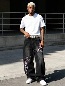 New Men's Black Wide Leg Loose Fit Denim Jeans With Floral Embroidery Street Style Casual Long Pants All Season - Black - View 4
