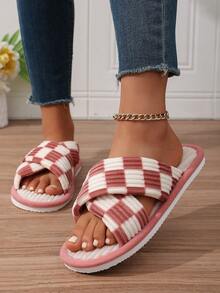 Classic Plaid Thick Stripe Criss-Cross Open Toe Plush Slippers For Women, Indoor Home Living Room Fashion Gift Slippers, Comfortable Breathable All-Season, Multiple Colors Available - Pink - View 5