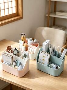 1pc Squishy‑Texture Desktop Storage Box, Solid Plain Color, Multi‑Grid Partition, Minimalist Modern Style, Back To School, Autumn‑Winter Daily Use, Women Students, Bedroom Vanity, Office Desk, Dorm, Organize Cosmetics, Statio - Multicolor - View 5