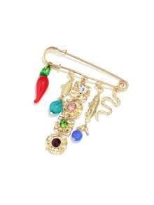 1 pieza Broche con flecos de strass en forma de serpiente con chile rojo y pez pequeño, multifuncional y versátil para mujeres - Dorado - Ver 2