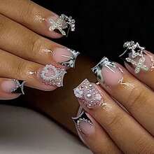 12pcs French Black & White Polka Dot Gradient Medium Length Press-On Nails, Reusable - 黑與白 - 查看 7