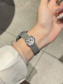 18mm, 20mm, 22mm Smart Watch Band, Women's Cute Replacement Strap, /Hello Dog Pattern Silver Metal Milanese Ultra-Thin Breathable, Durable, Suitable For Samsung Galaxy, Magnetic Buckle, Waterproof And Sweat-Resistant, Versatile Watch Accessory - Hajime Cat - Silver Metal Magnetic Watch Band - View 4