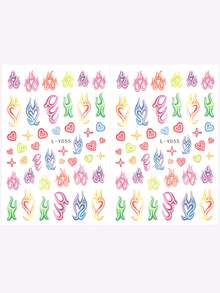 Pegatinas de uñas con diseño de llama, calcomanías de arte de uñas con corazón de rayo colorido y flor, suministros de arte de uñas con degradado de punta negra - Multicolor - Ver 16