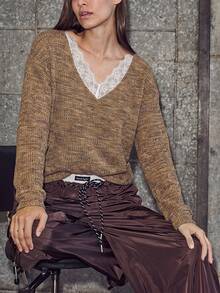 Autumn Business Casual Long Sleeve Knit Top, Brown Floral Grey Lace V-Neck Waffle Knit Loose Soft Knit Shirt, Daily Layering Basic Fall - Mocha Brown - View 8