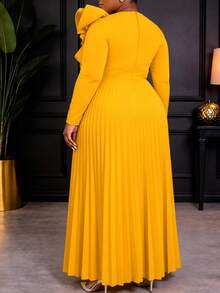 Gaun Maxi Lipit Kuning Ukuran Plus Elegan untuk Wanita, Leher Bulat, Ruffle Tidak Beraturan, Lengan Panjang, Cocok untuk Acara Formal Gereja, Pesta, dan Musim Gugur. - Kuning - View 3