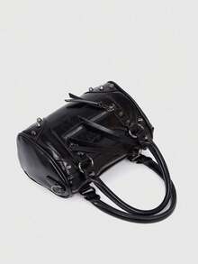 Minimalist Glossy Boston Handbag, Full Metal Rivet Decorated Front Zipper Pocket, Detachable Wide Strap Portable Bowling Crossbody Industrial Detail - Black - View 5
