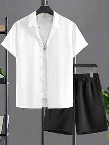 Conjunto de camisa y pantalones cortos de 2 piezas para hombre talla grande, manga corta, unicolor, lavable a máquina, talla grande - Blanco y Negro - Ver 3