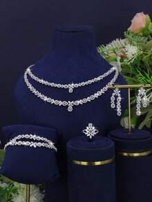 5pcs Copper Double-Layer Design Women's Jewelry Set, Elegant Style Includes Necklace, Earrings, Ring, Bracelet, Suitable For Women's Daily Wear And Party, Gift For Friends (Gift Box Packaging) - Double-layer Design Set - View 10